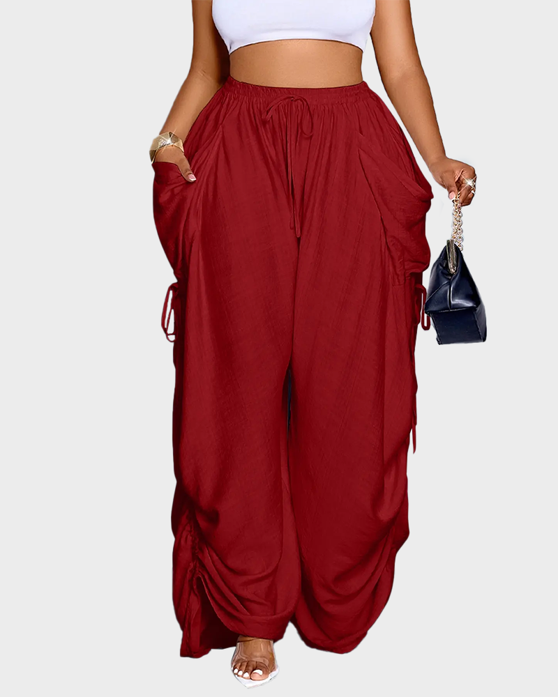 Women's Loose Fit Wide Leg Drawstring Pants Woven Plain