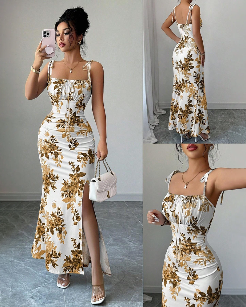 Fine Strap Bow Waist Floral Ruched Hem Slit Fitted Casual Slimming Elegant Dress