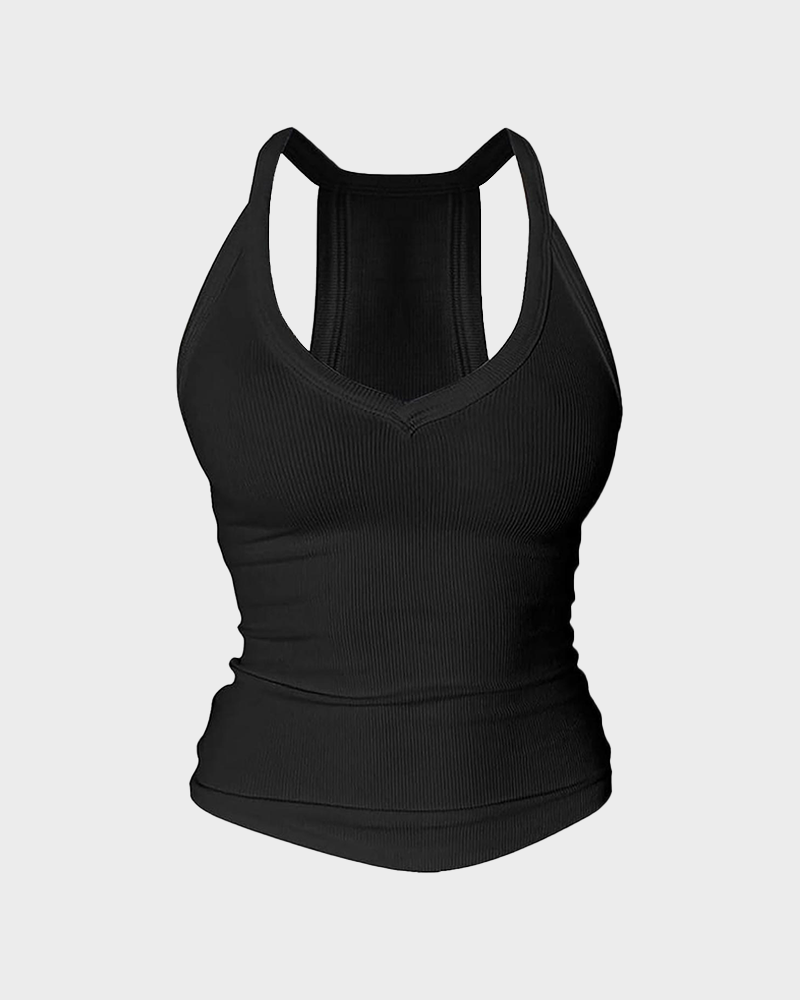 Women's V Neck Cotton Racerback Tank Top Built in Bra Sleeveless Fitted Cami
