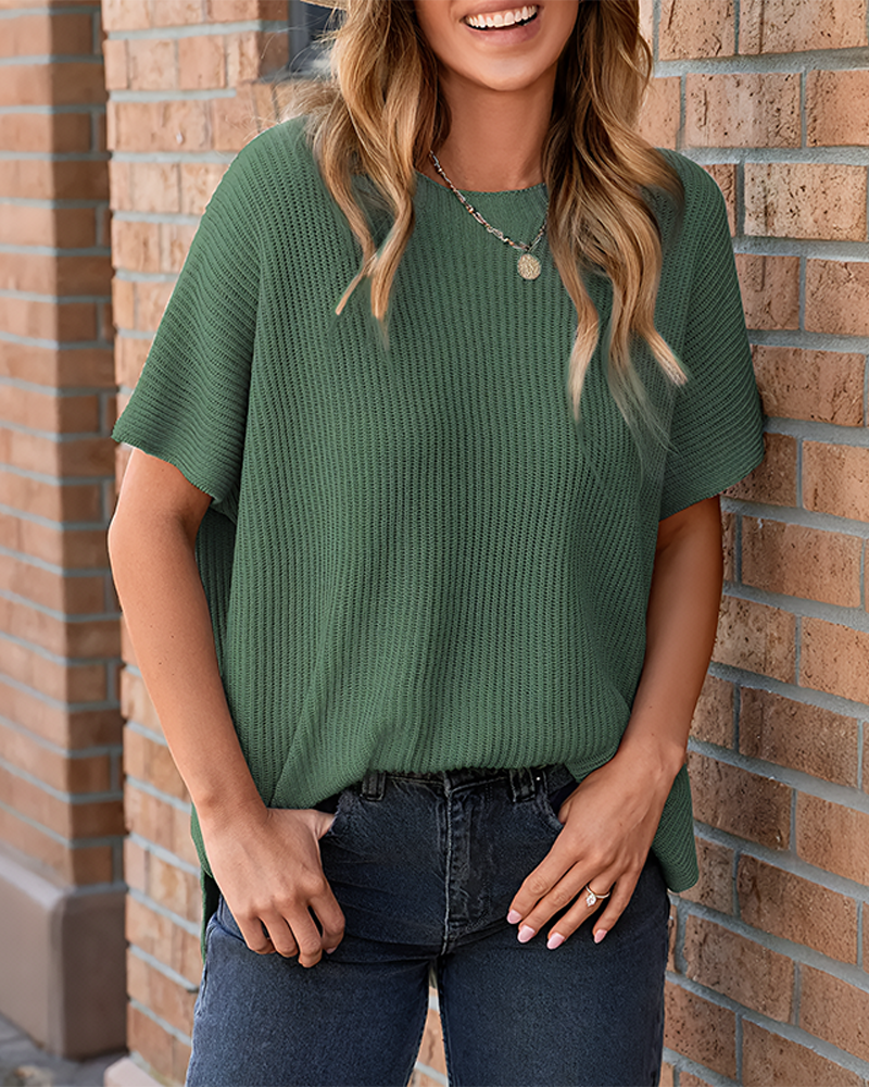 Summer Vibes Oversized Ribbed Crew Neck Knit Top with Side Slit