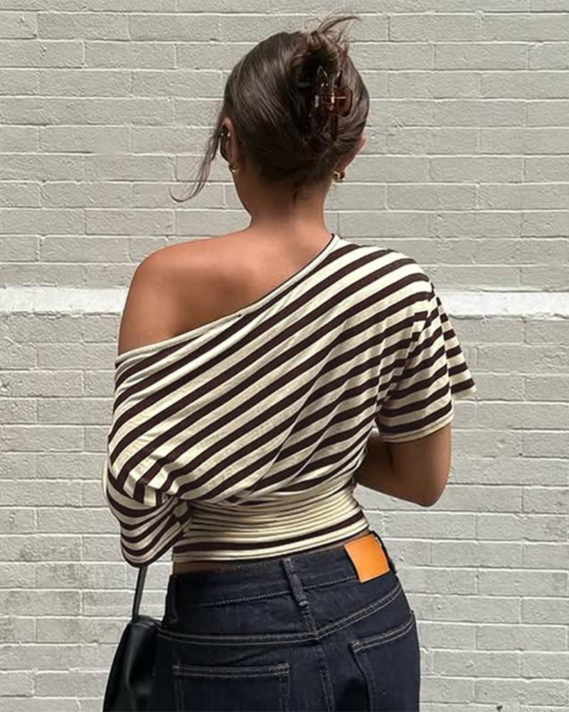 Asymmetrical One Shoulder Striped Asymmetrical Short Sleeve Top