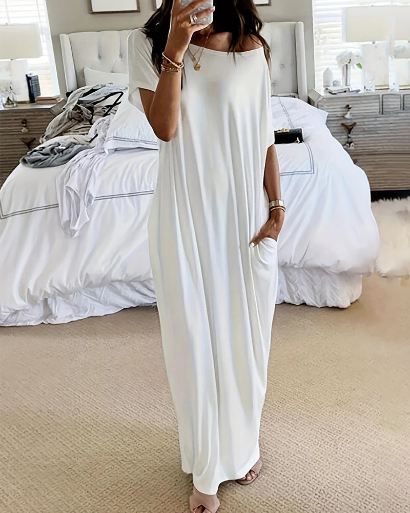 Batwing Sleeve Casual Lounge Dress Comfy Short Sleeve Nightdress