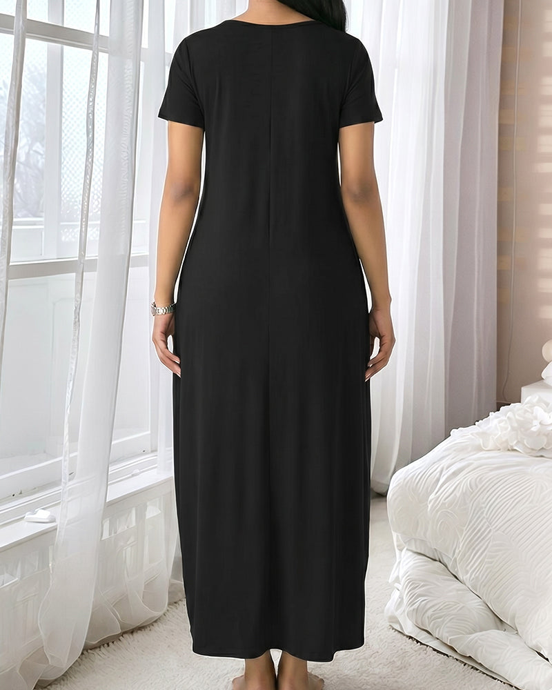 Fitted Short Sleeve Pocket Soft Loungewear Sleepwear Dress