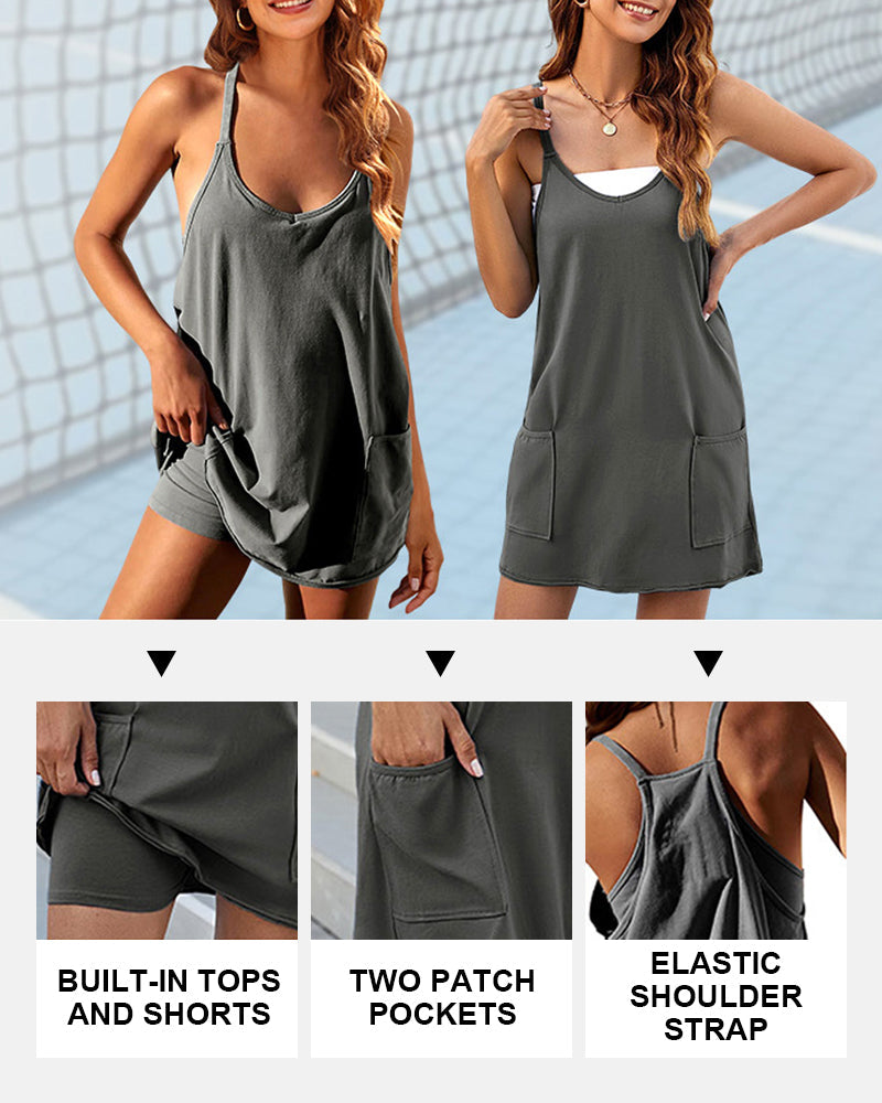 V Neck Spaghetti Strap Mini Dress Sleeveless Athletic Built in Shorts