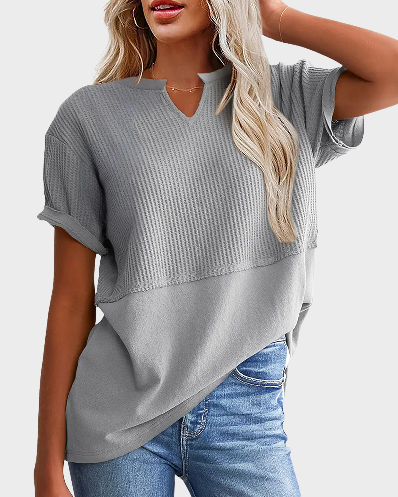 Lightweight Waffle Knit V Neck Short Sleeve Loose Fit Summer Top