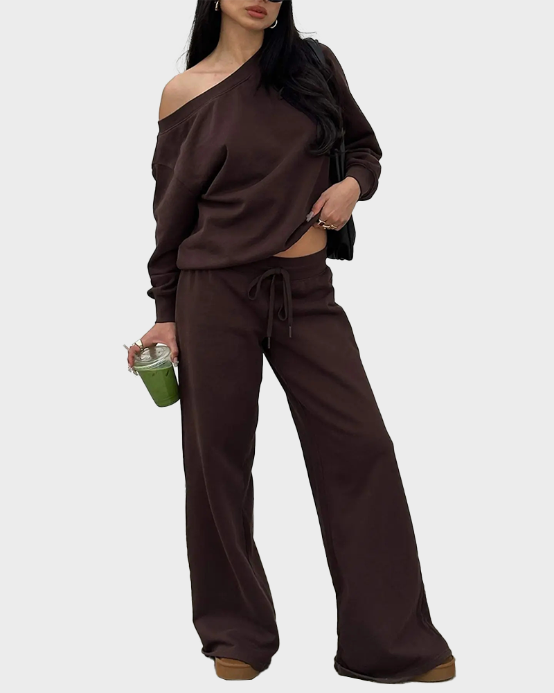 Women's Off Shoulder Long Sleeve Jumper & Pants Casual Fall Basic Sweatsuit 2 Piece Set