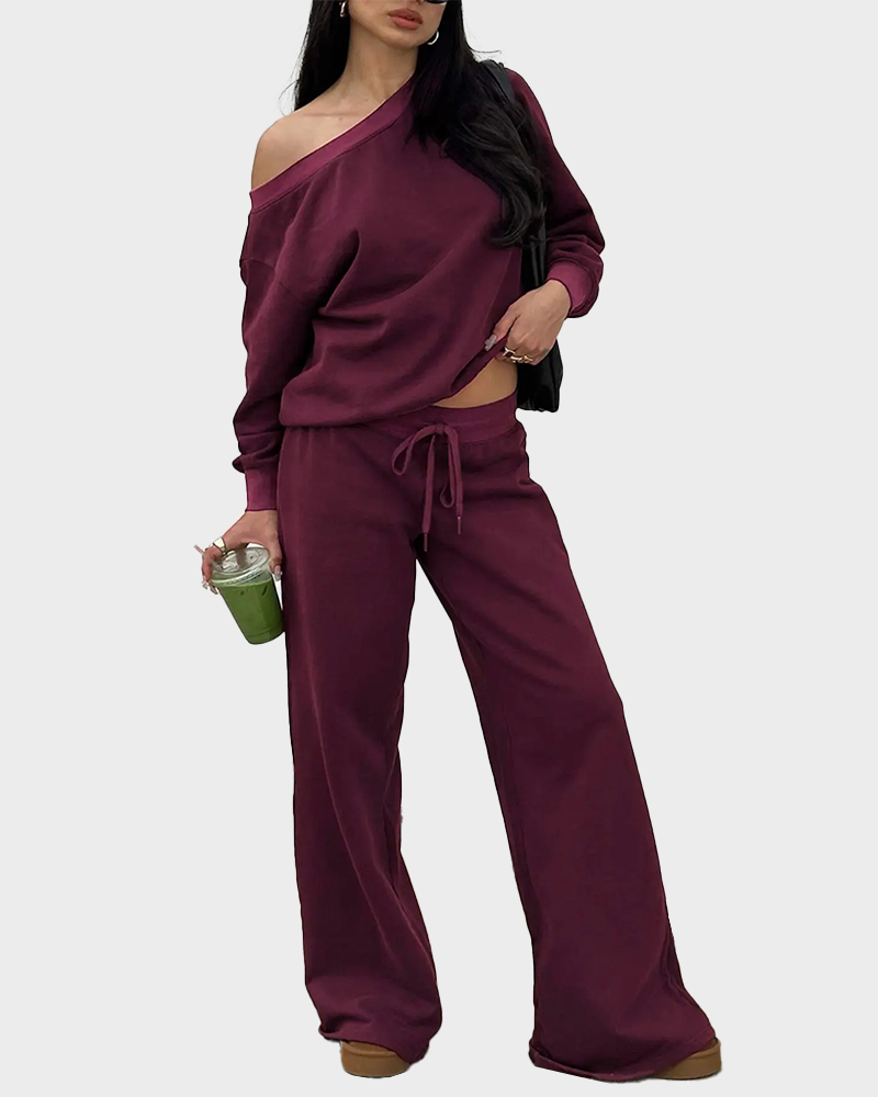Women's Off Shoulder Long Sleeve Jumper & Pants Casual Fall Basic Sweatsuit 2 Piece Set