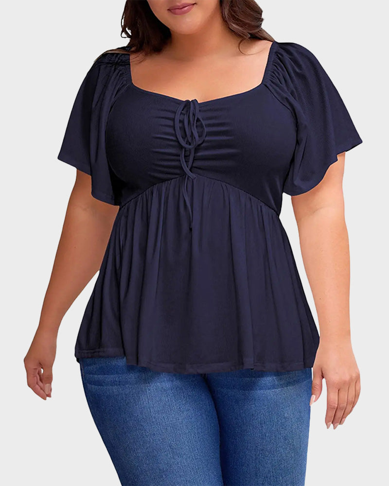Plus Size Short Sleeve Sweetheart Neck Shirred Peplum Top Blouse