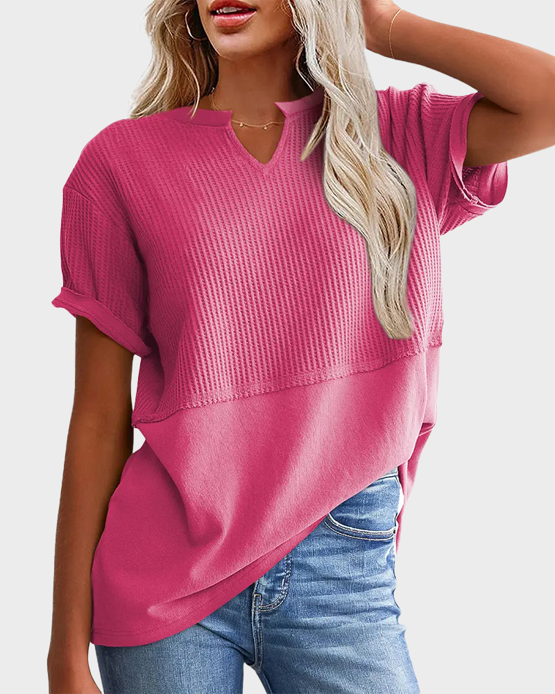 Lightweight Waffle Knit V Neck Short Sleeve Loose Fit Summer Top