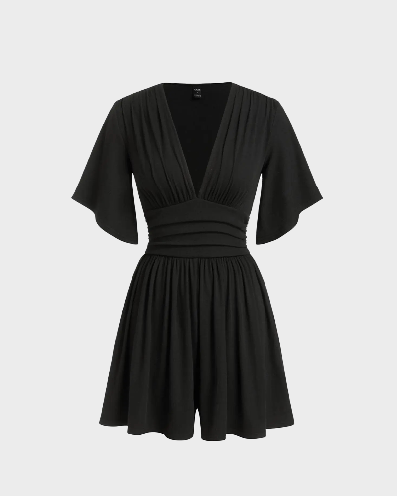 V Neck Bell Sleeve Ribbed Romper with Pockets Summer Jumpsuit
