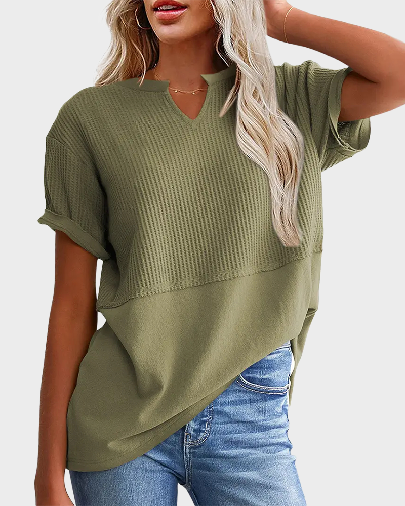 Lightweight Waffle Knit V Neck Short Sleeve Loose Fit Summer Top