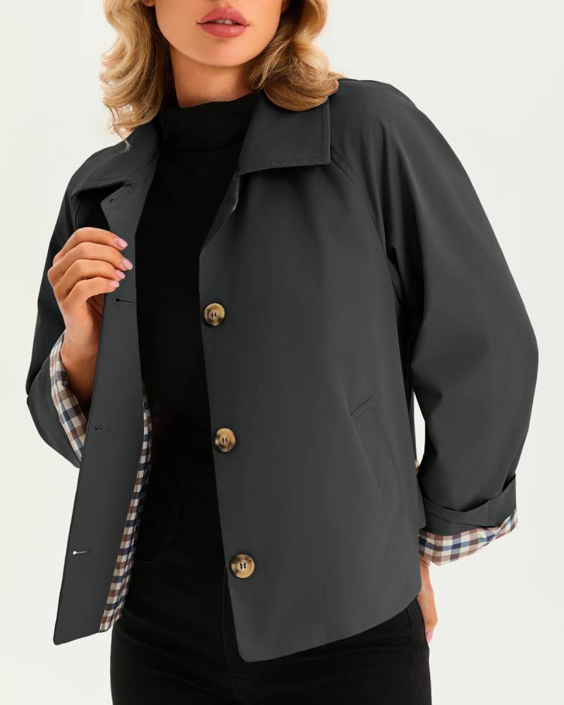 Women's Cropped Trench Coat Style Oversized Checkered Lining Jacket