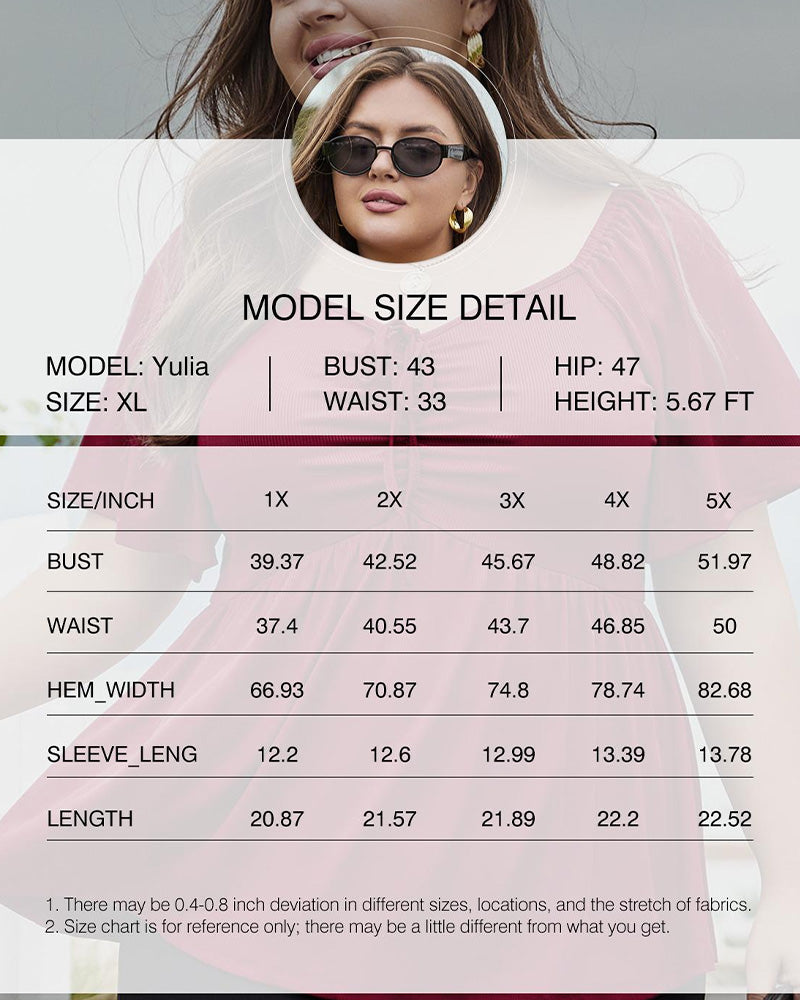 Plus Size Short Sleeve Sweetheart Neck Shirred Peplum Top Blouse
