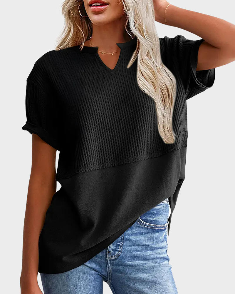 Lightweight Waffle Knit V Neck Short Sleeve Loose Fit Summer Top