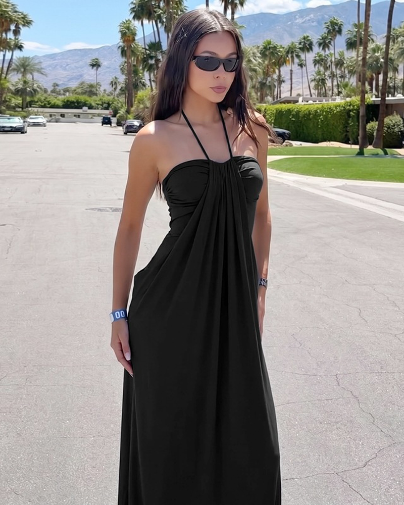 Strapless Halter Neck Sexy Backless with Pockets Tie Back Maxi Dress