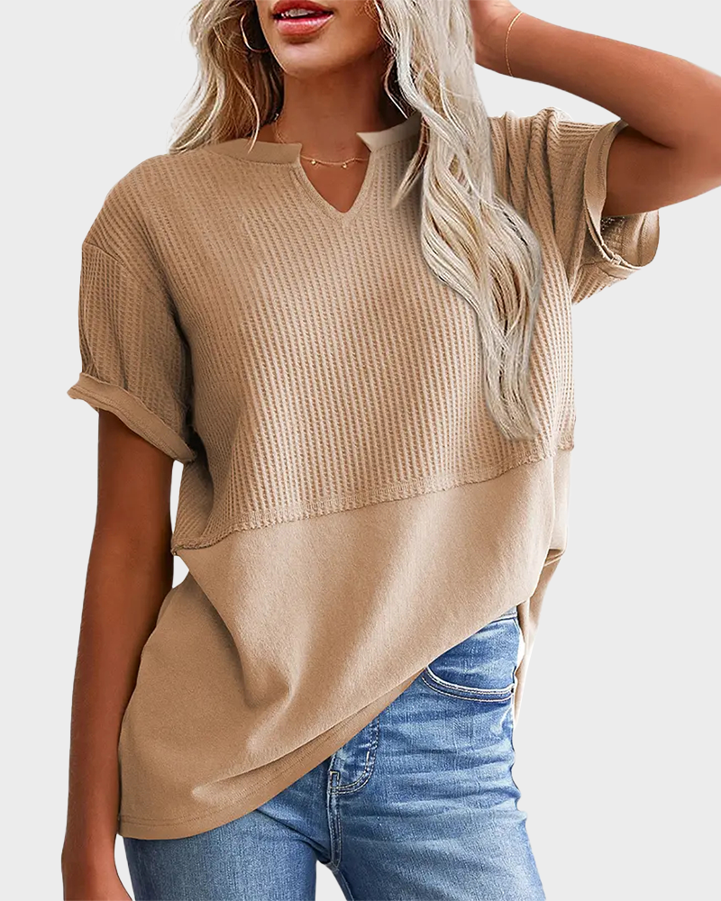Lightweight Waffle Knit V Neck Short Sleeve Loose Fit Summer Top