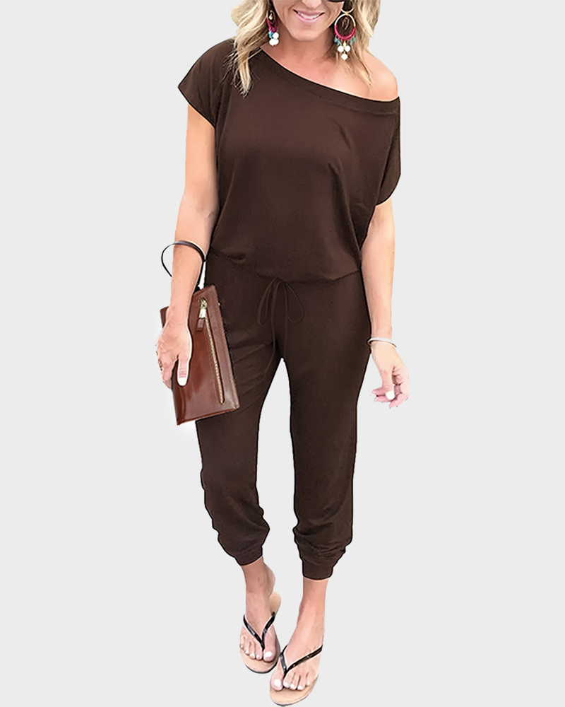Women's Plus Size Off Shoulder Elastic Waist Loose Minimalist Jumpsuit Casual Lightweight Romper
