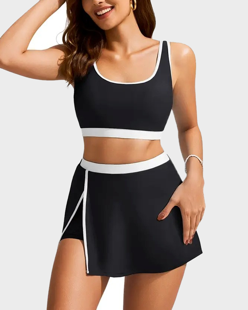 Women's Color Block Two Piece Swimsuit Bikini Set with Side Slit Swim Skirt