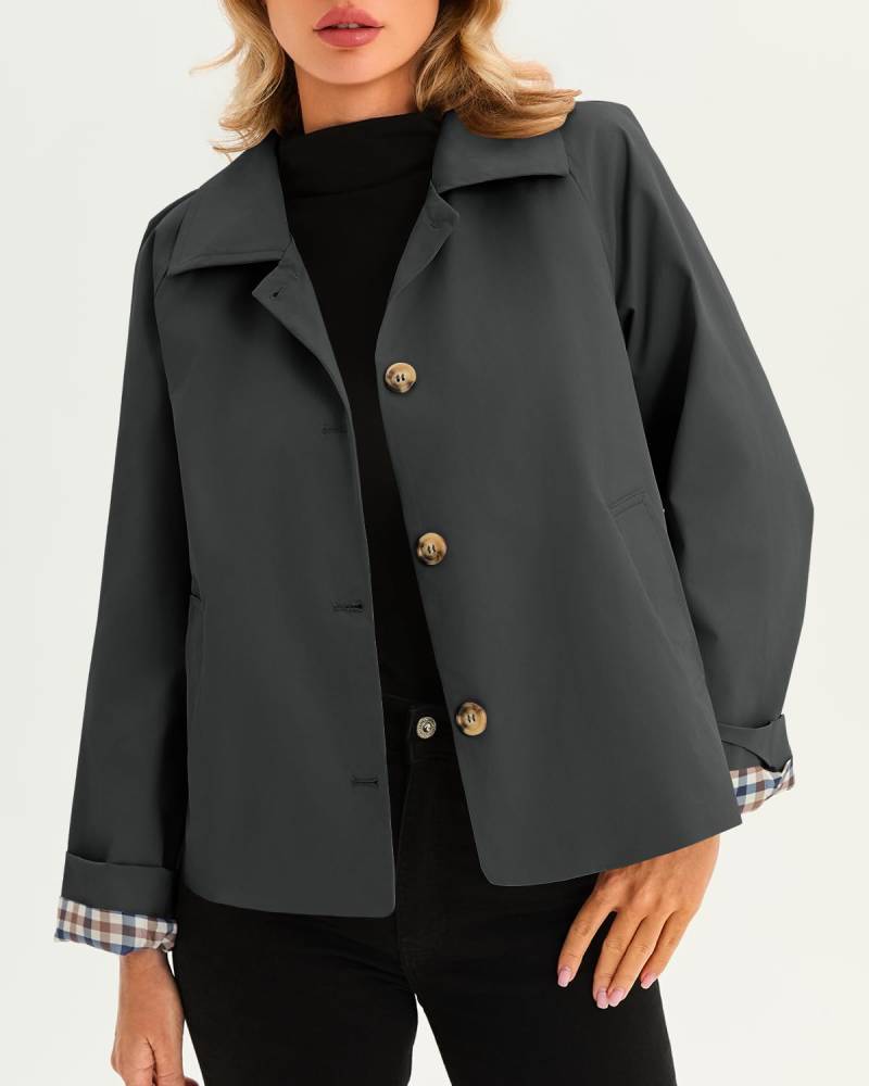 Women's Cropped Trench Coat Style Oversized Checkered Lining Jacket