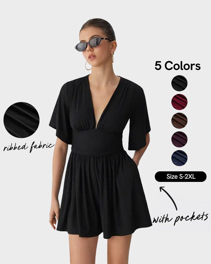 V Neck Bell Sleeve Ribbed Romper with Pockets Summer Jumpsuit