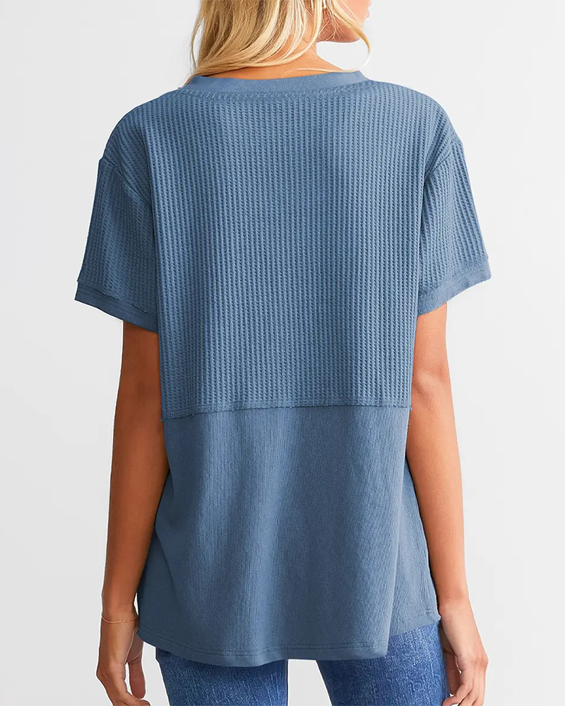 Lightweight Waffle Knit V Neck Short Sleeve Loose Fit Summer Top