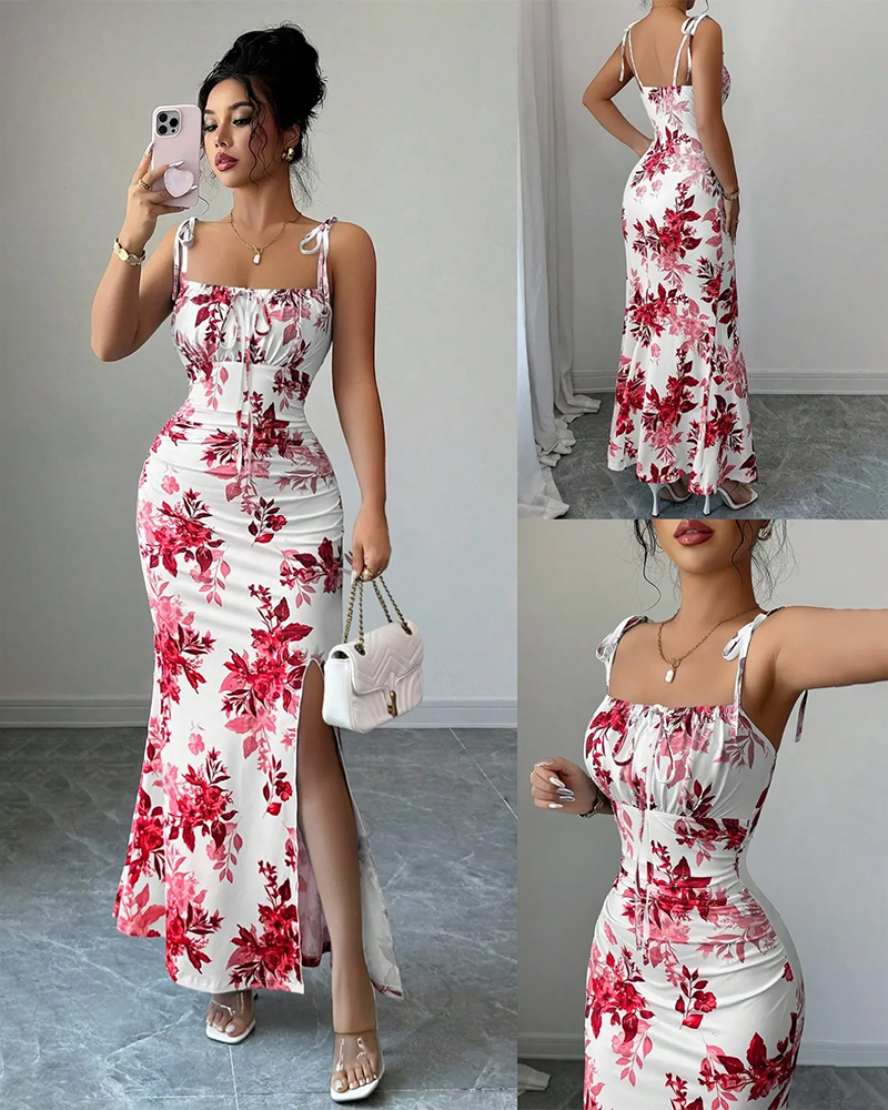 Fine Strap Bow Waist Floral Ruched Hem Slit Fitted Casual Slimming Elegant Dress