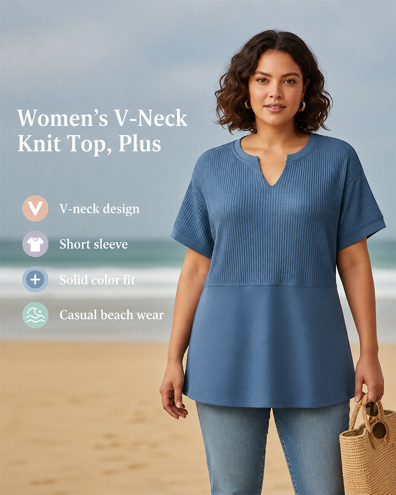 Lightweight Waffle Knit V Neck Short Sleeve Loose Fit Summer Top