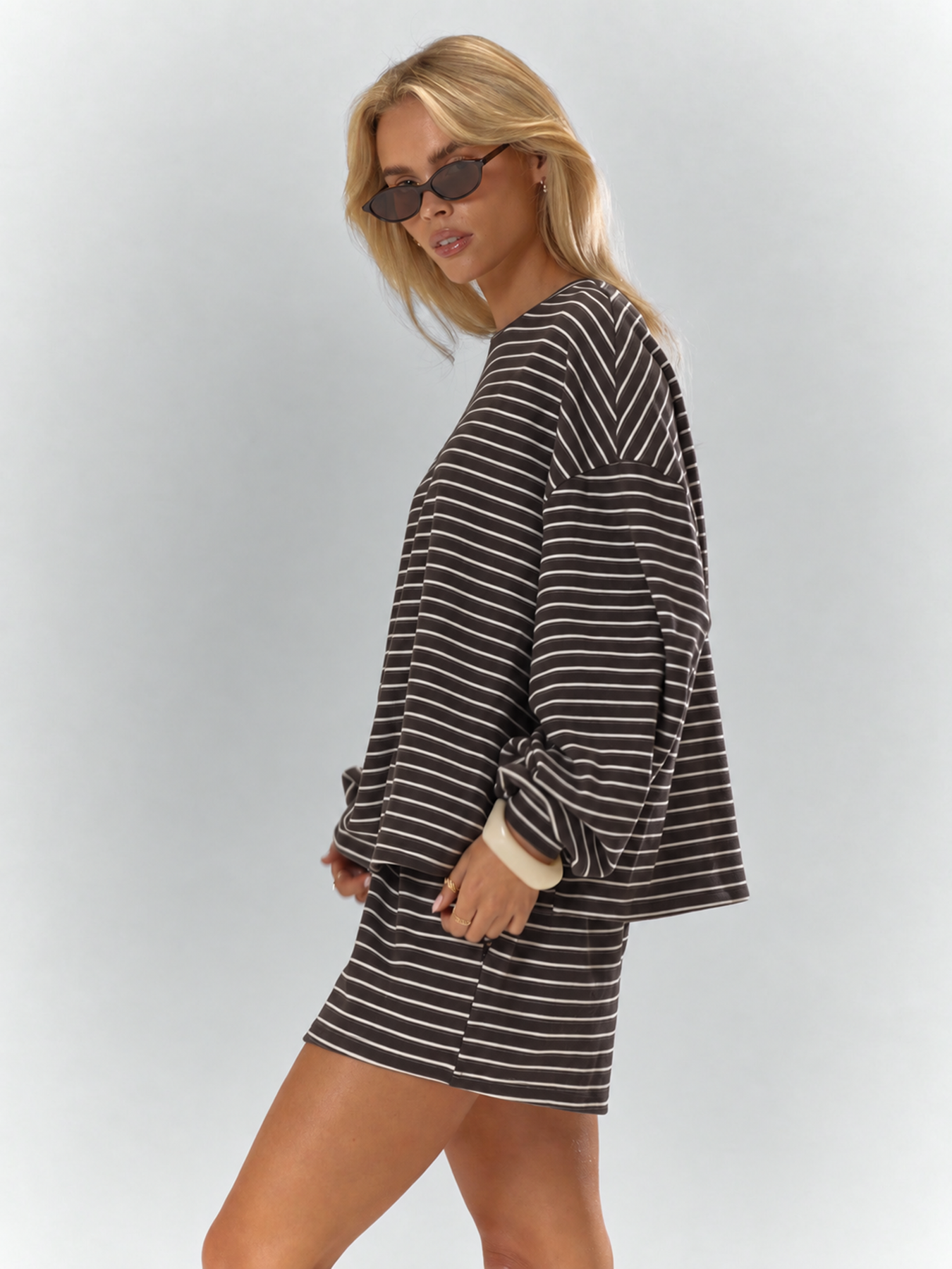Striped Oversized 2-Piece Lounge Set – Long Sleeve Top & Pocket Shorts