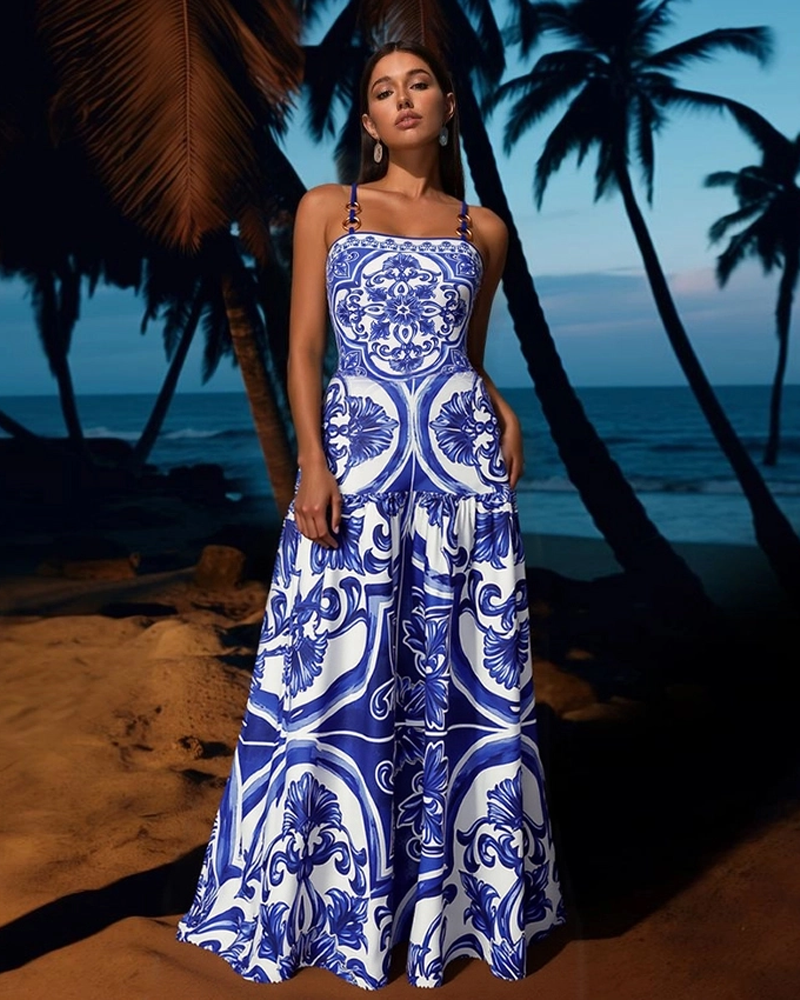 Sling Classic Majolica Series Pattern Print One Piece Swimsuit and Skirt or Shorts