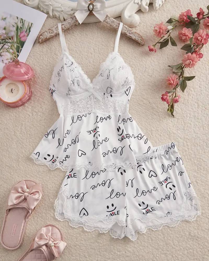 Lace Bow Decor Spaghetti Strap Cami & Shorts Sleepwear Set