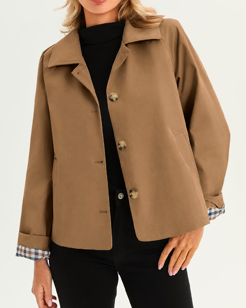 Women's Cropped Trench Coat Style Oversized Checkered Lining Jacket