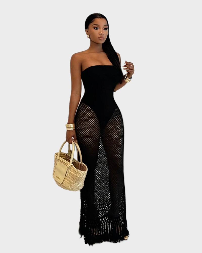 Summer Beach Crochet Mesh Fringe Fake Two Piece Strapless Vacation Cover Up