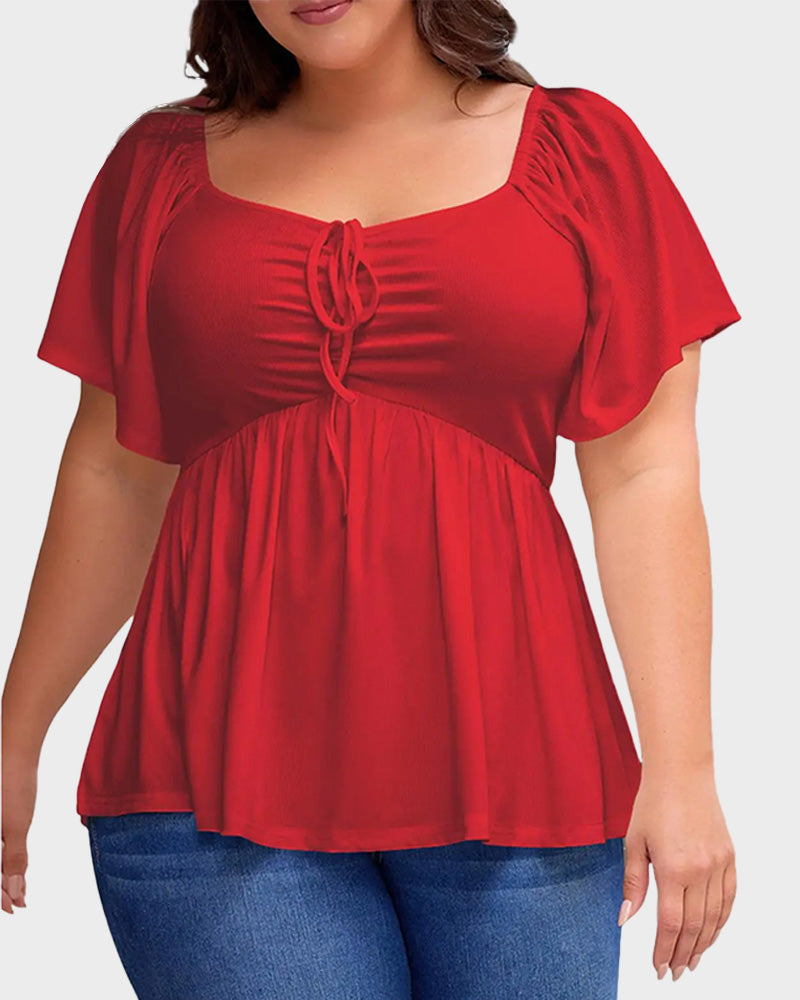 Plus Size Short Sleeve Sweetheart Neck Shirred Peplum Top Blouse