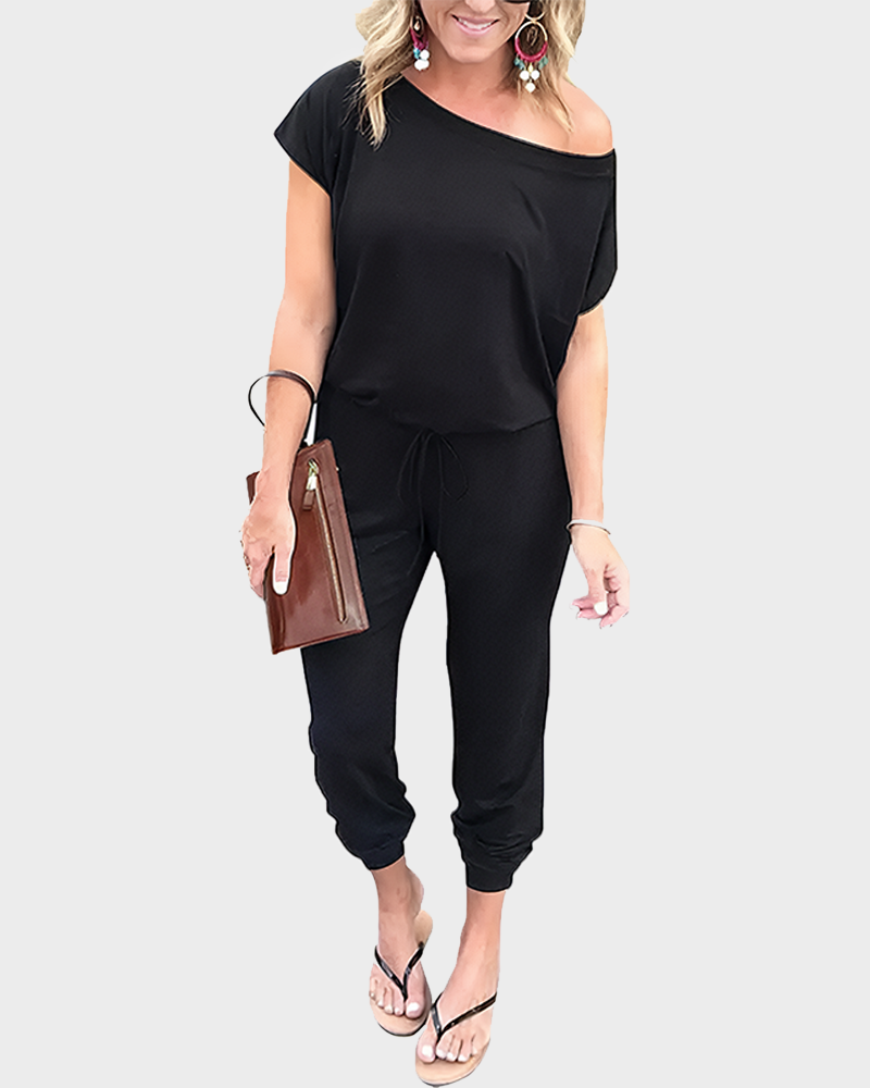 Women's Plus Size Off Shoulder Elastic Waist Loose Minimalist Jumpsuit Casual Lightweight Romper