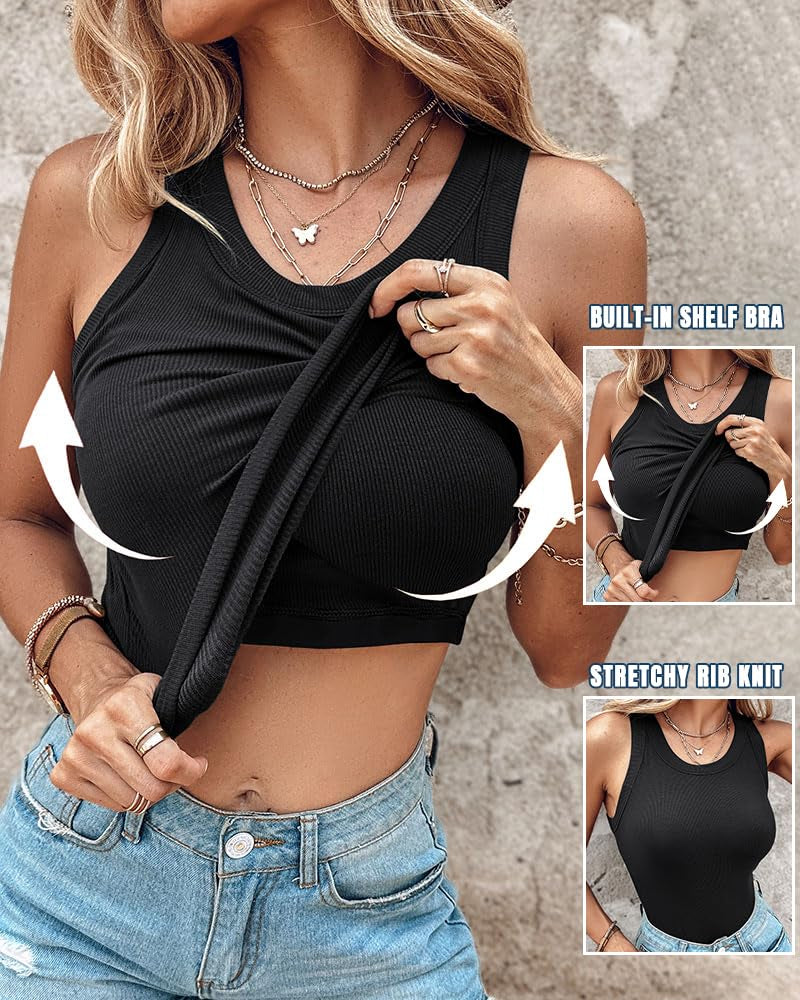 Women’s Ribbed Racerback Tank Top with Built-in Bra