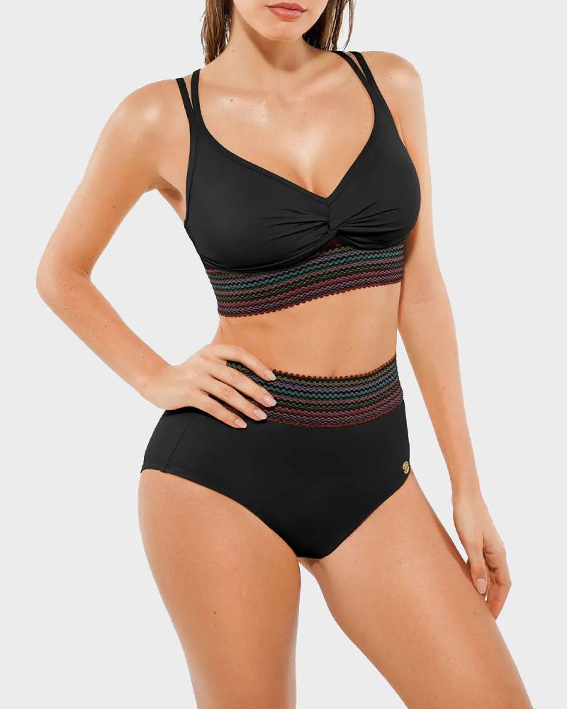 High Waisted Snakeskin Bikini Push Up Ruched Front Wide Ribbed Band