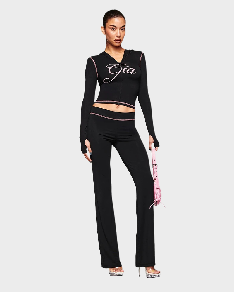 Letter Print Zip Up Cropped Hoodie  & Low Rise Flare Leg Pants Set