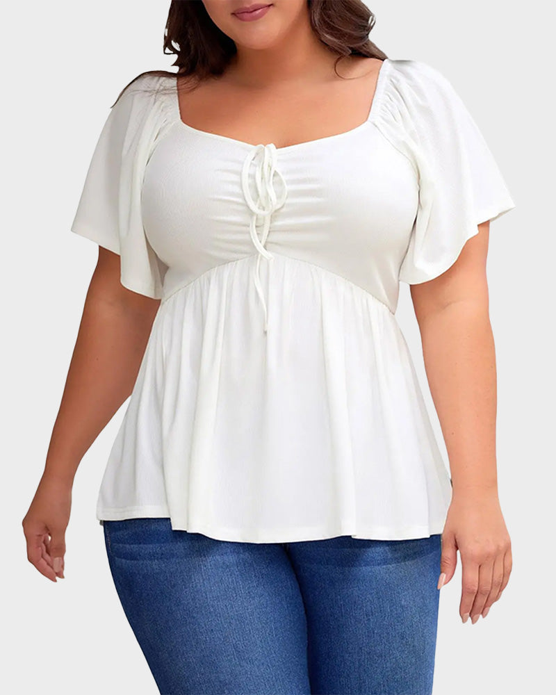 Plus Size Short Sleeve Sweetheart Neck Shirred Peplum Top Blouse