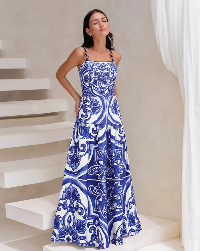 Sling Classic Majolica Series Pattern Print One Piece Swimsuit and Skirt or Shorts