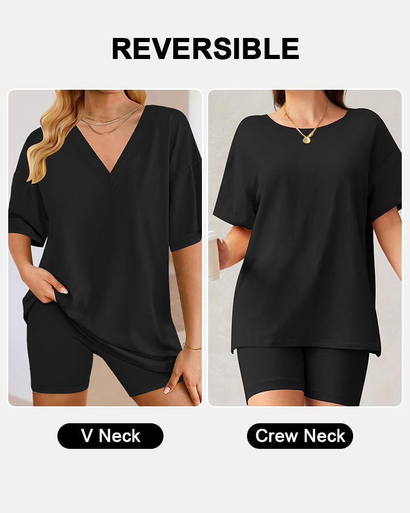 V Neck Oversized Shirt & Biker Shorts 2 Piece Lounge Set