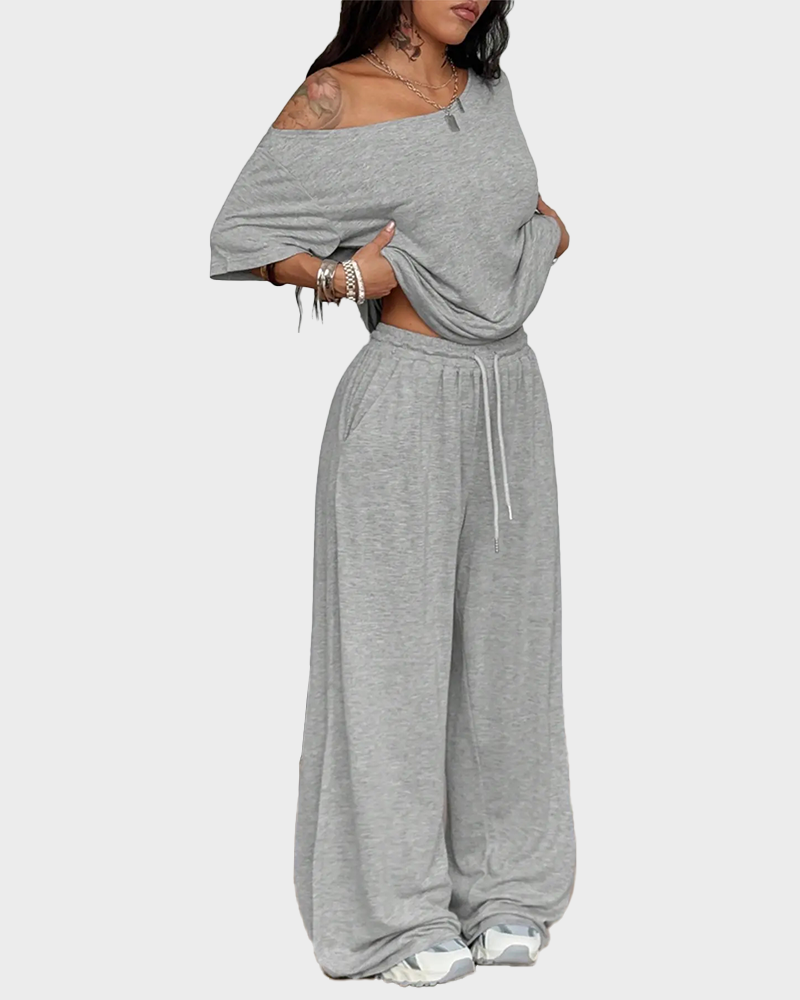 Casual Sporty Off Shoulder Top & Wide Leg Pants Daily Wear 2 Piece Set