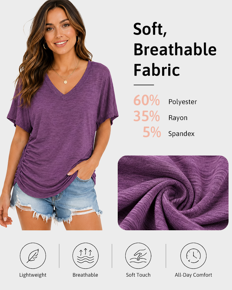 Soft V-Neck Dolman Loose Fit T-Shirt with Side Ruching