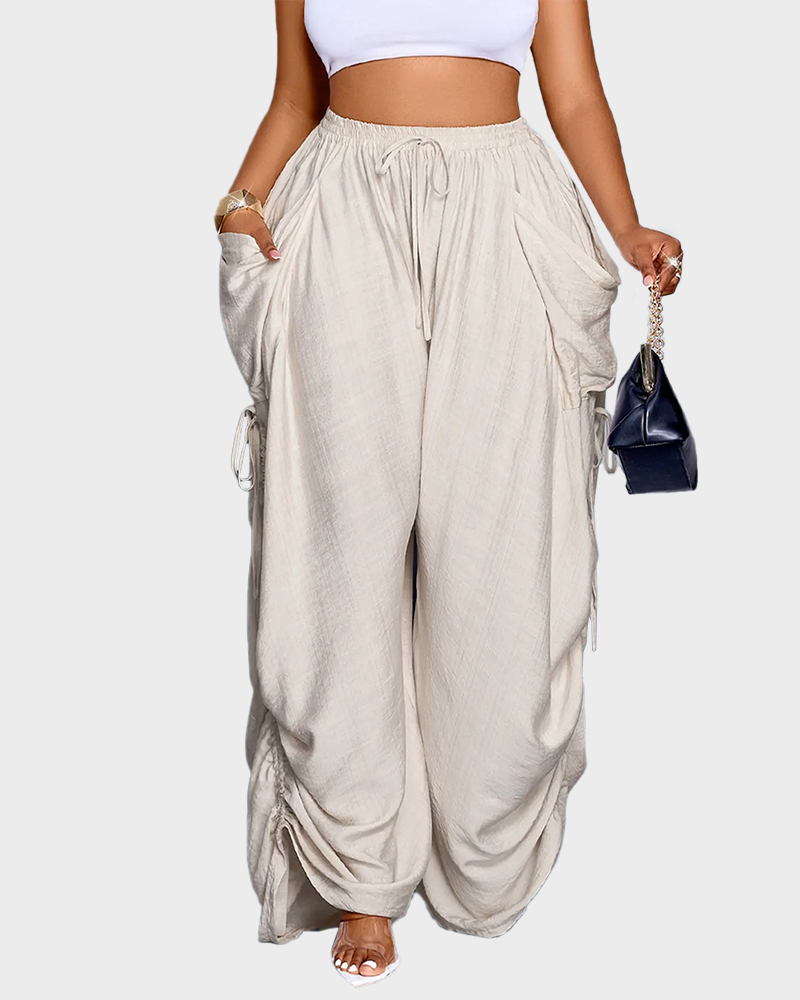 Women's Loose Fit Wide Leg Drawstring Pants Woven Plain