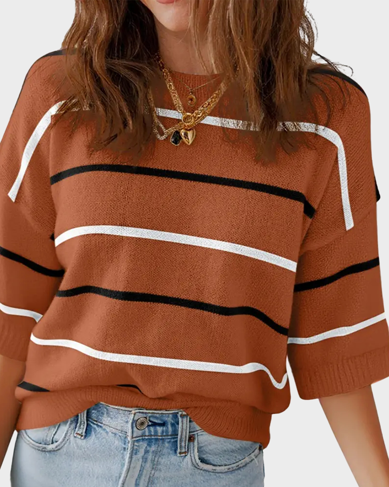 Striped Baggy Pullover Short Sleeve Round Neck Ribbed Cuff Top