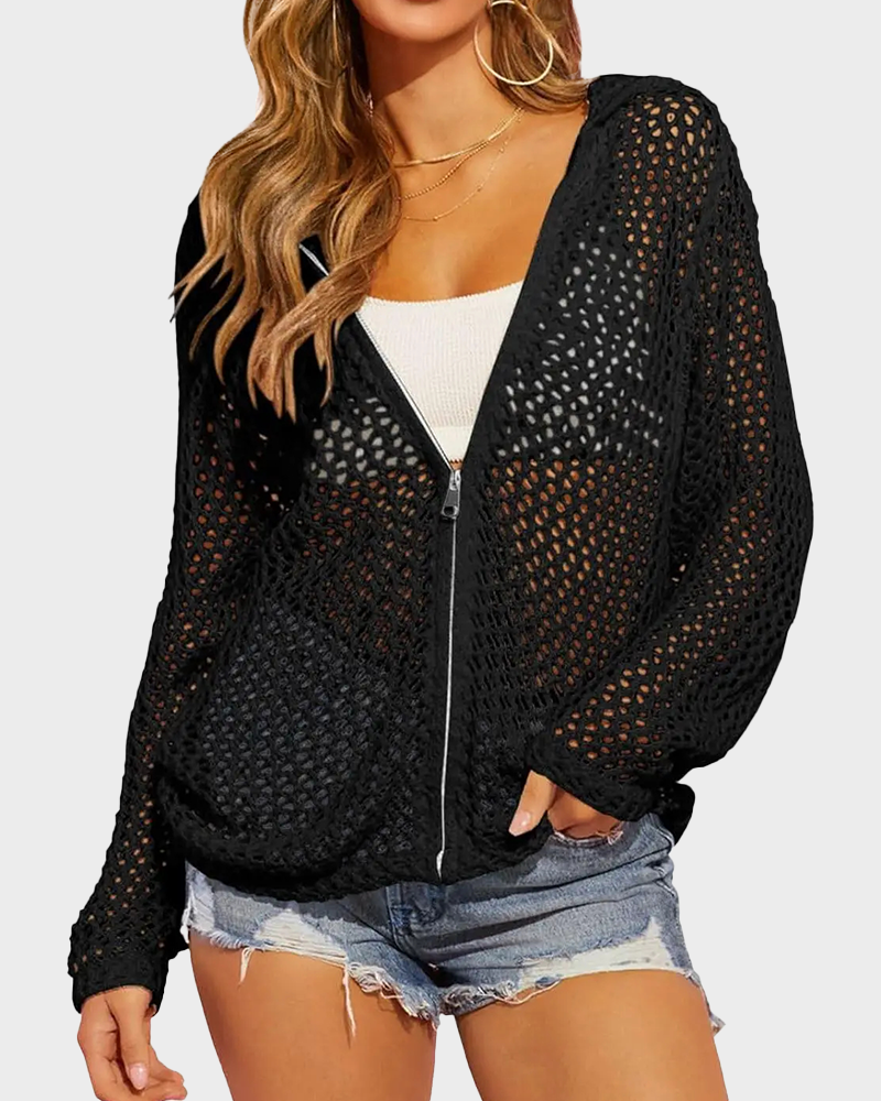 Crochet Lightweight Hooded Zip Up Mesh Beach Swimsuit Cover Up