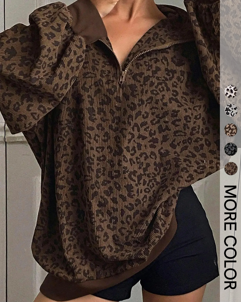Leopard Print Oversized Half Zip Drop Shoulder Long Sleeve Casual Streetwear Top
