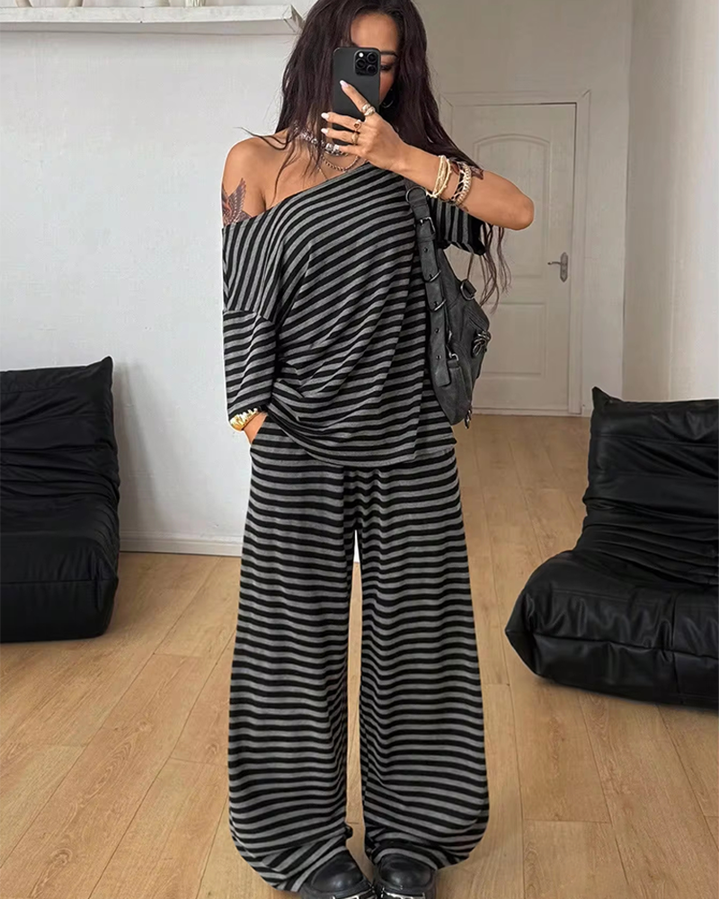 Casual Sporty Off Shoulder Top & Wide Leg Pants Daily Wear 2 Piece Set