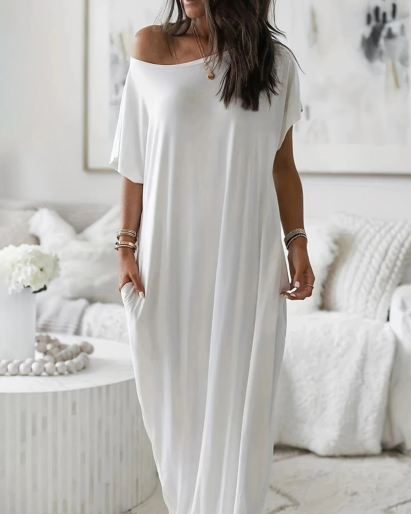 Batwing Sleeve Casual Lounge Dress Comfy Short Sleeve Nightdress