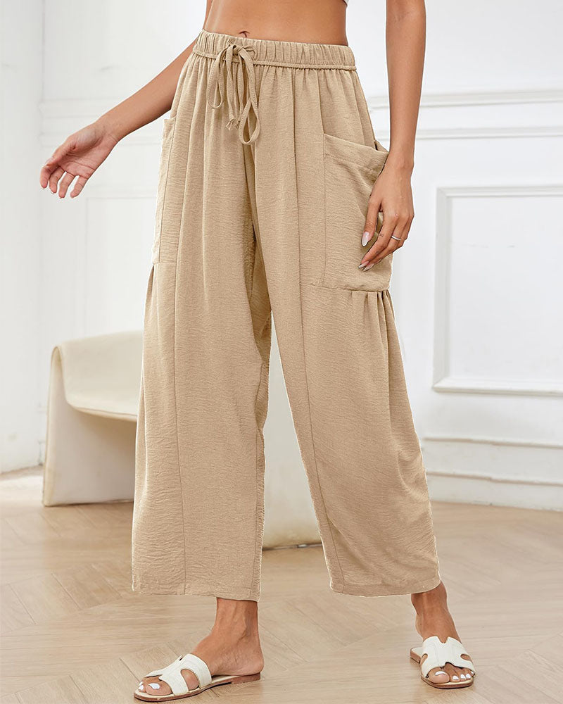 Women's Linen Blend Wide Leg Loose Pants Casual Beach Palazzo Harem Pockets