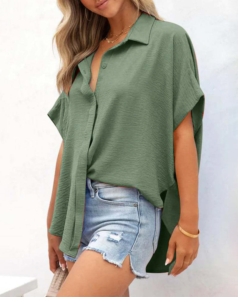 V Neck Batwing Short Sleeve Button Down Oversized Minimalist Blouse